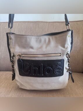Chloé Beige Canvas and Black Leather Shoulder Bag with Gold Hardware